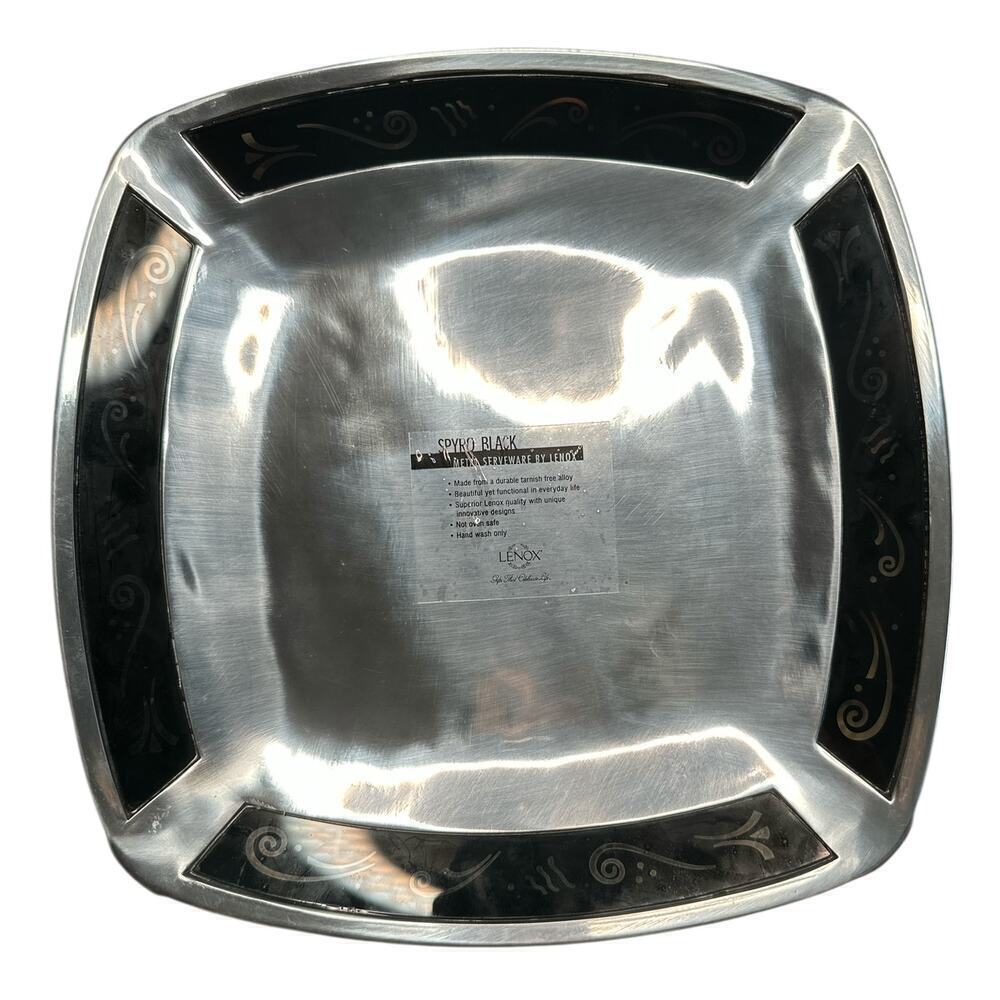 VTG Lenox Spyro Silver Metal & Black Glass Square Serving Tray 14" Platter